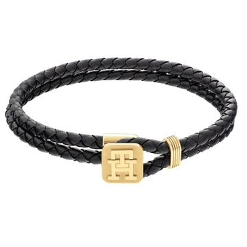 Ανδρικό βραχιόλι Tommy Hilfiger 2790531 από μαύρο δέρμα με χρυσό κούμπωμα.